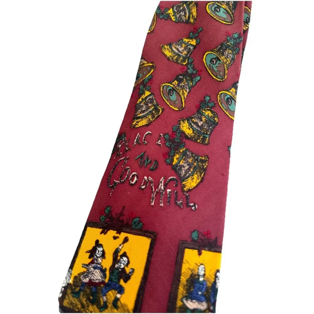 Vintage Viaggio Old St Nick Silk Novelty Christmas Neck Tie Santa Bells Burgandy